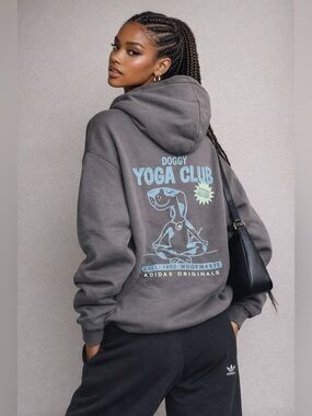 Adidas Originals Oversized Hoodie Grey Strata Doggy Yoga Club Graphic Small NWT
